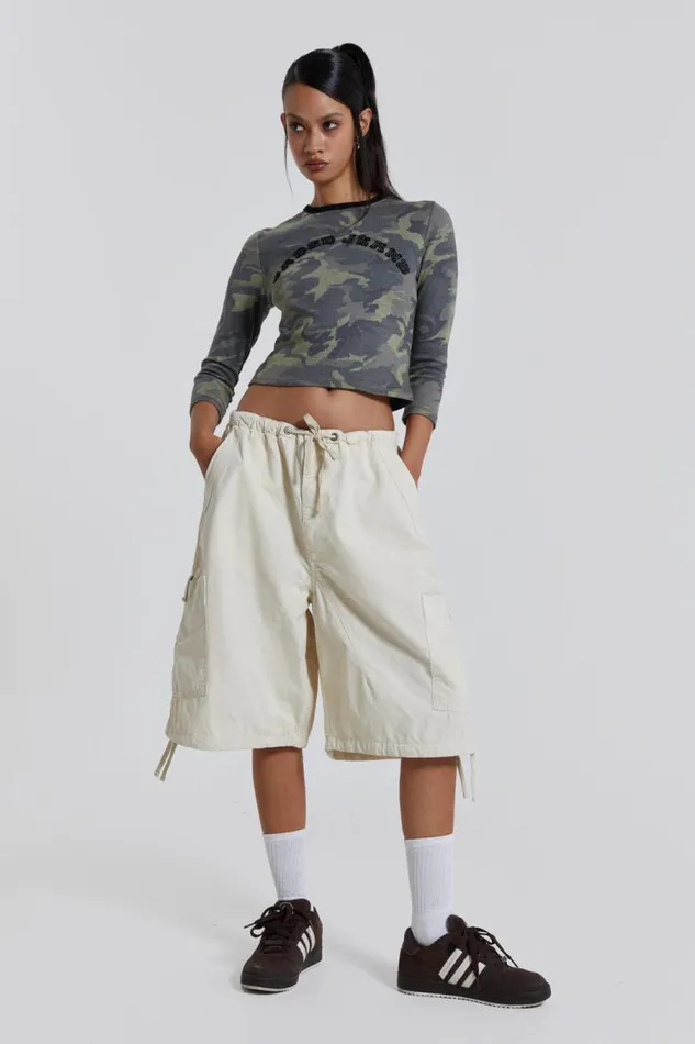 Women Jaded London Parachute Pants Ecru Parachute Cargo Shorts