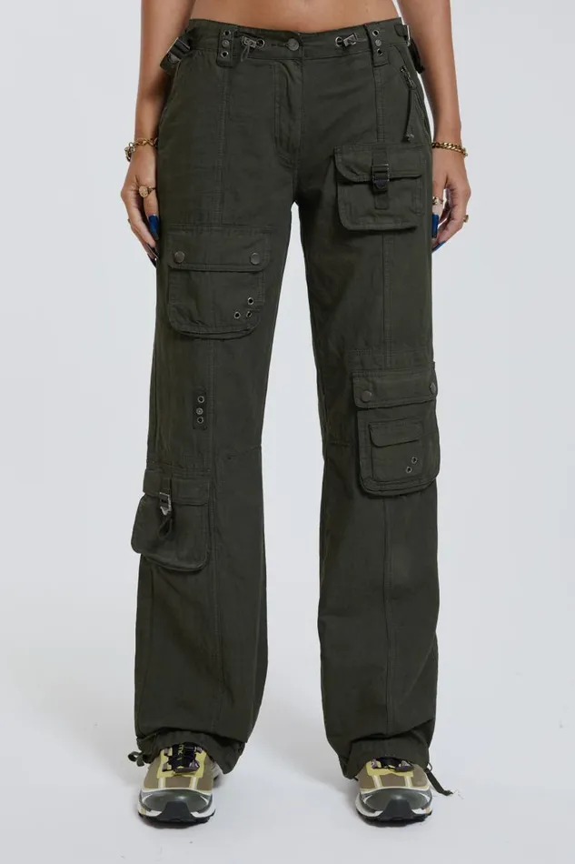 Women Jaded London Parachute Pants Khaki Low Rise Cargo Pants
