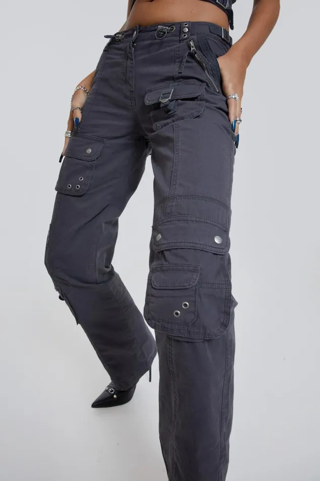 Women Jaded London Parachute Pants Vintage Grey Low Rise Cargo Pants
