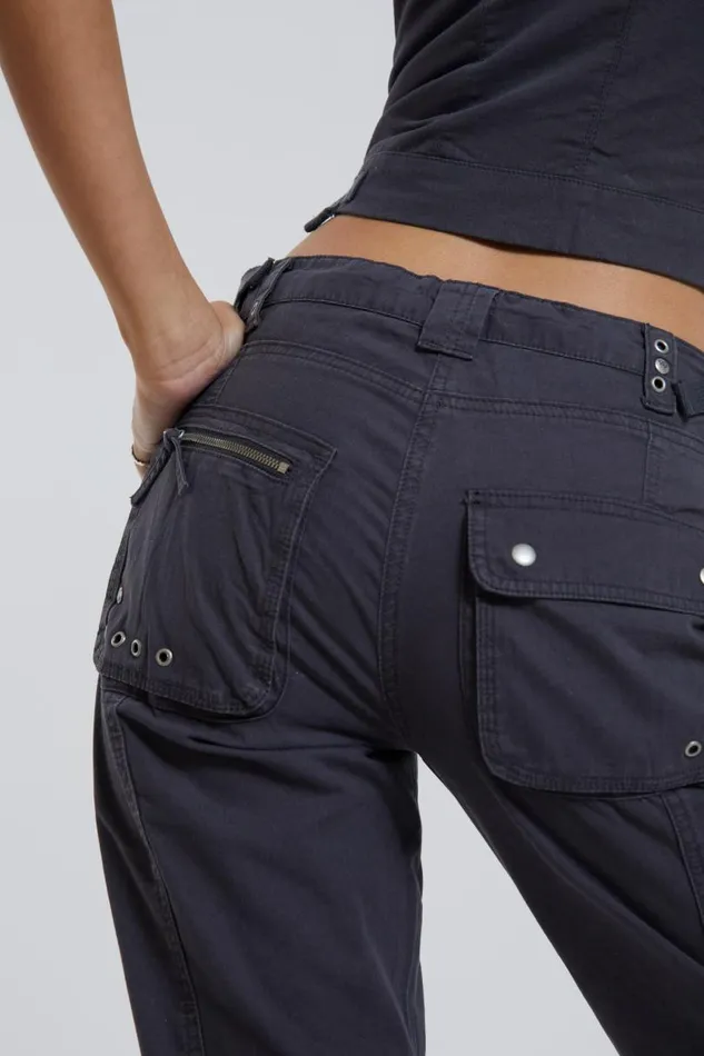 Women Jaded London Parachute Pants Vintage Grey Low Rise Cargo Pants