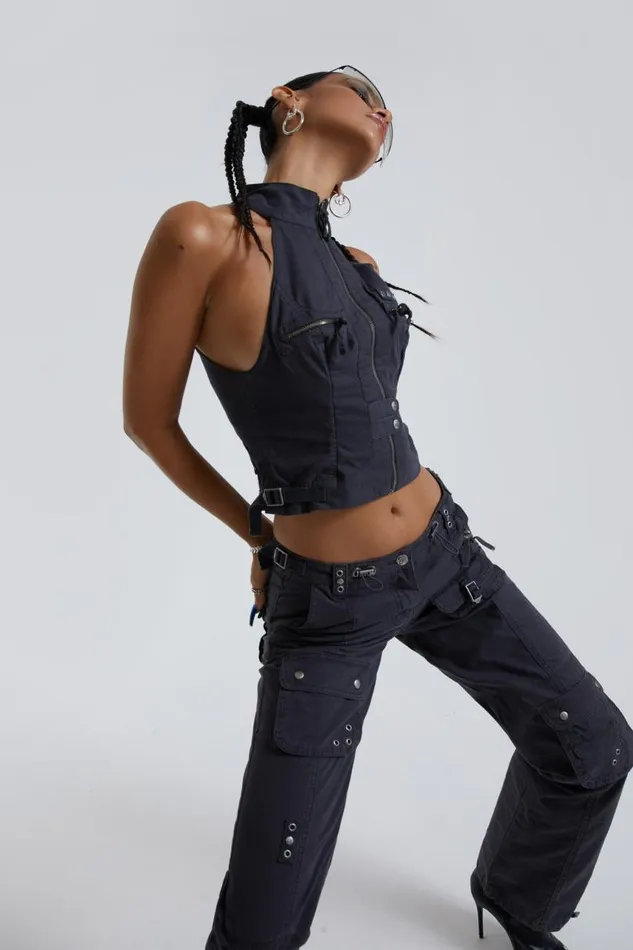 Women Jaded London Parachute Pants Vintage Grey Low Rise Cargo Pants
