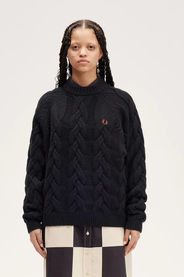 Women Knitwear Fred Perry Cable Knit Mock Jumper Black