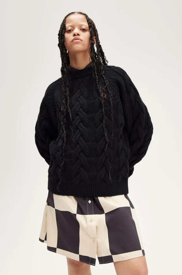 Women Knitwear Fred Perry Cable Knit Mock Jumper Black
