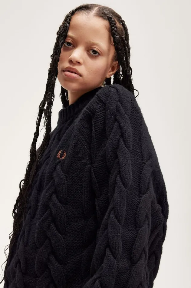 Women Knitwear Fred Perry Cable Knit Mock Jumper Black
