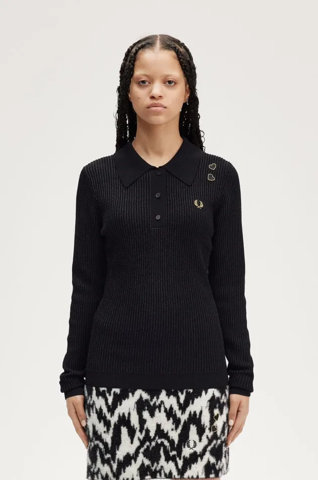 Women Knitwear Fred Perry Ribbed Knitted Shirt Black