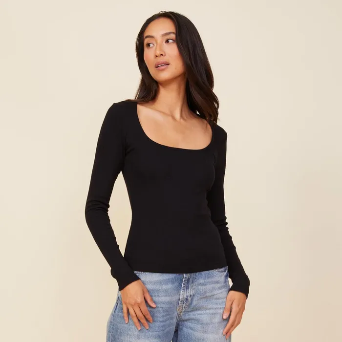 Women Long Sleeve MONROW 90039S Rib Long Sleeve Black