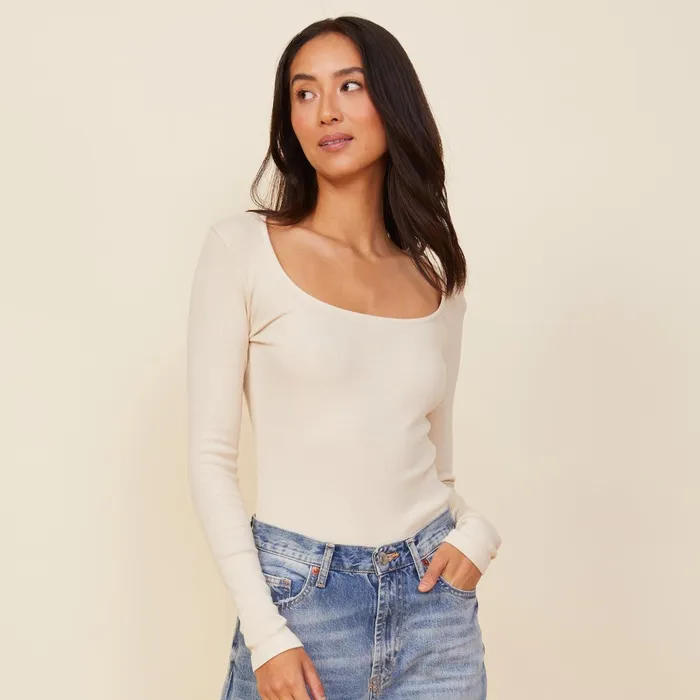 Women Long Sleeve MONROW 90039S Rib Long Sleeve Off White