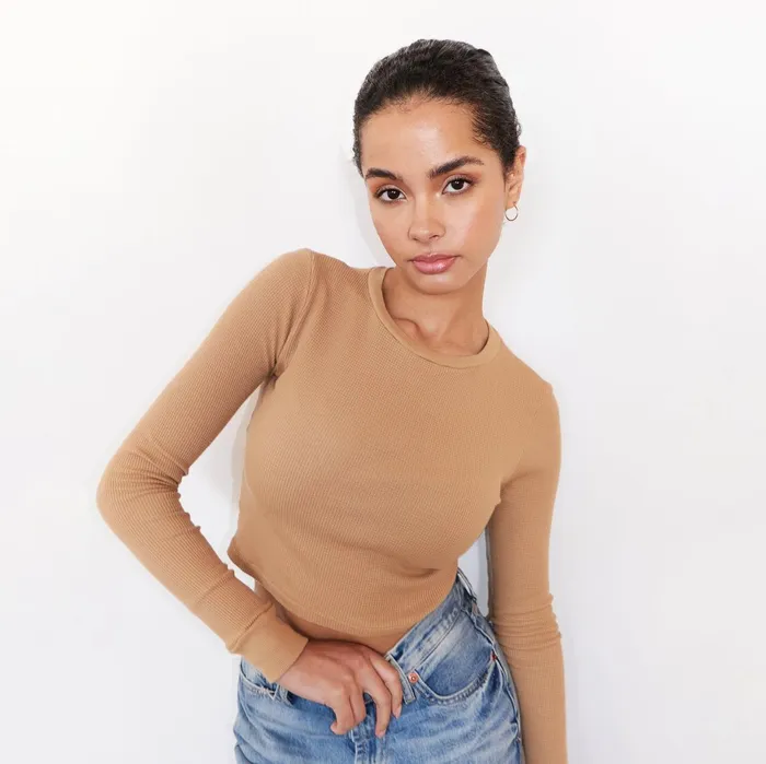 Women Long Sleeve MONROW Baby Thermal Cropped Long Sleeve Latte