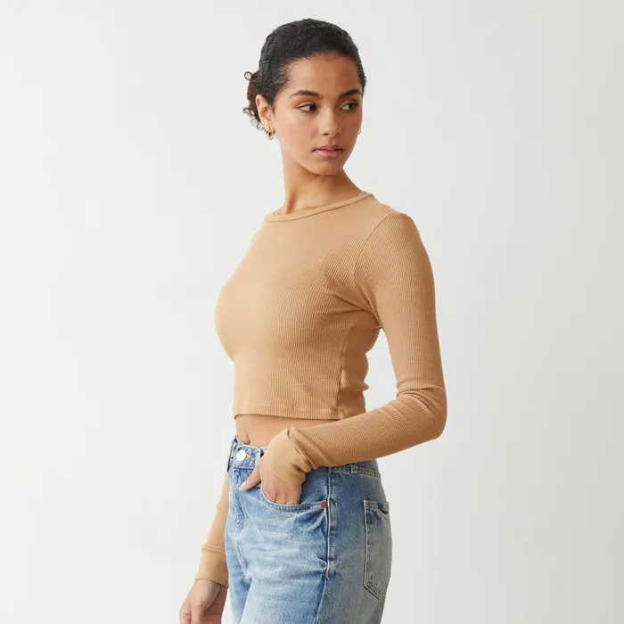 Women Long Sleeve MONROW Baby Thermal Cropped Long Sleeve Latte