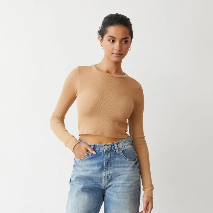 Women Long Sleeve MONROW Baby Thermal Cropped Long Sleeve Latte