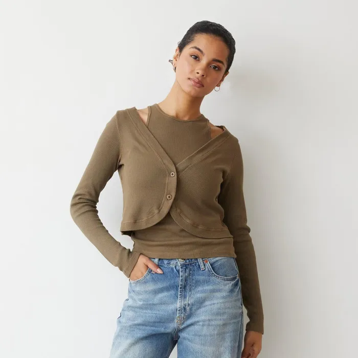Women Long Sleeve MONROW Baby Thermal Double Layer Cardi Top Stone Green