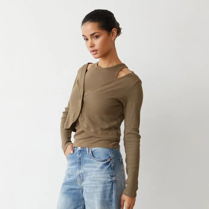 Women Long Sleeve MONROW Baby Thermal Double Layer Cardi Top Stone Green