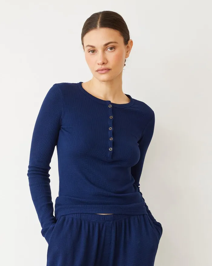 Women Long Sleeve MONROW Baby Thermal Henley Navy
