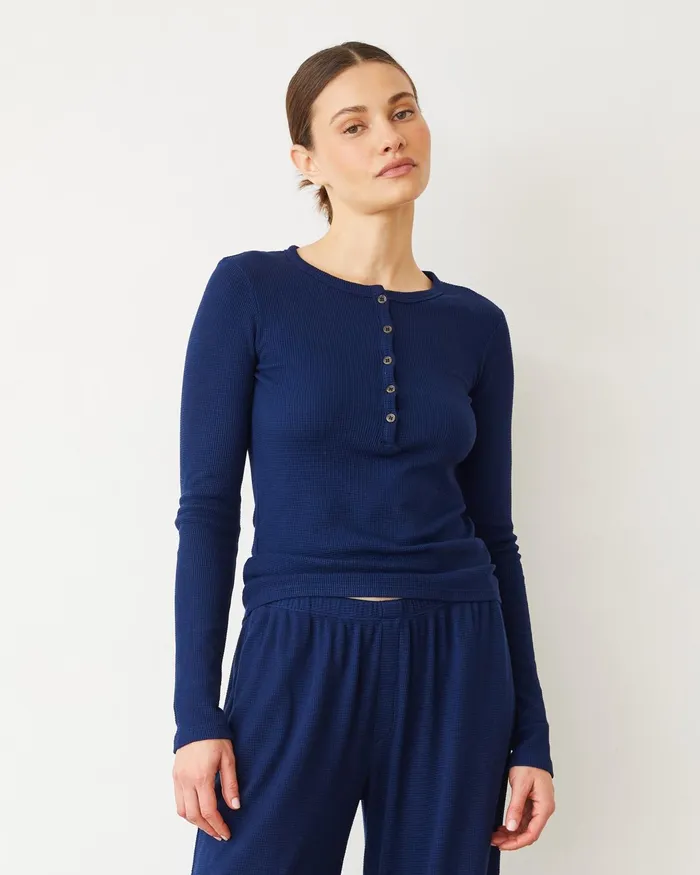 Women Long Sleeve MONROW Baby Thermal Henley Navy