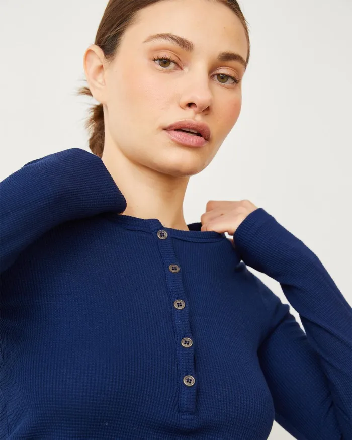 Women Long Sleeve MONROW Baby Thermal Henley Navy