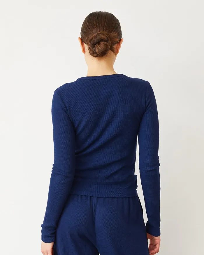 Women Long Sleeve MONROW Baby Thermal Henley Navy