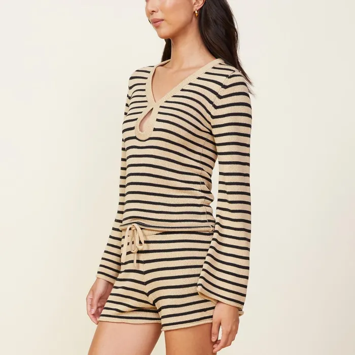 Women Long Sleeve MONROW Linen Sweater Long Sleeve Top Ecrublk Stripe