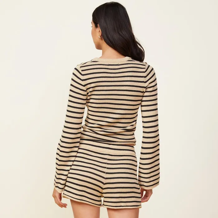 Women Long Sleeve MONROW Linen Sweater Long Sleeve Top Ecrublk Stripe