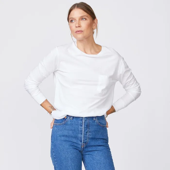 Women Long Sleeve MONROW Long Sleeve ExBoyfriend Pocket Crew White