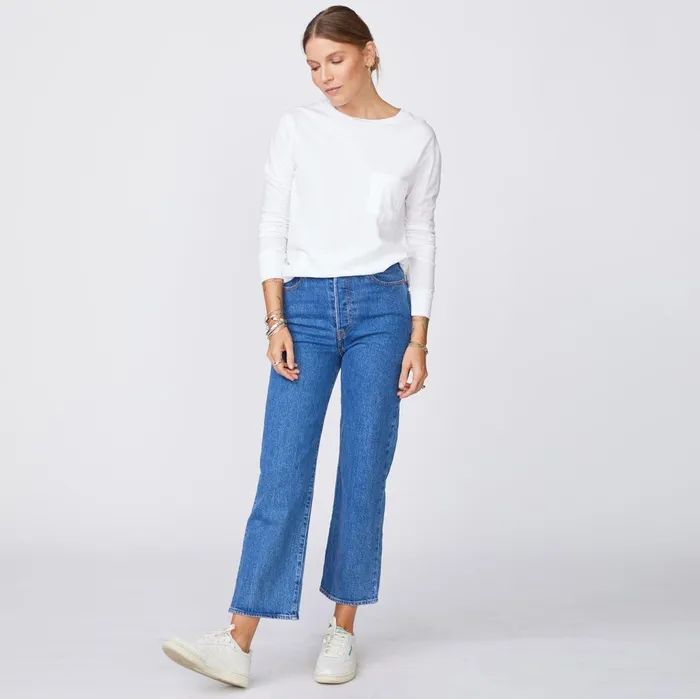 Women Long Sleeve MONROW Long Sleeve ExBoyfriend Pocket Crew White