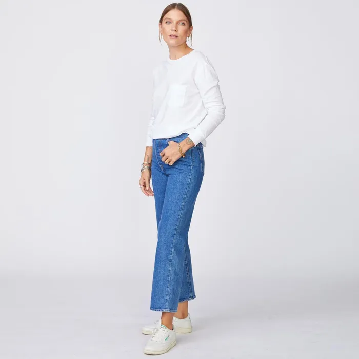 Women Long Sleeve MONROW Long Sleeve ExBoyfriend Pocket Crew White