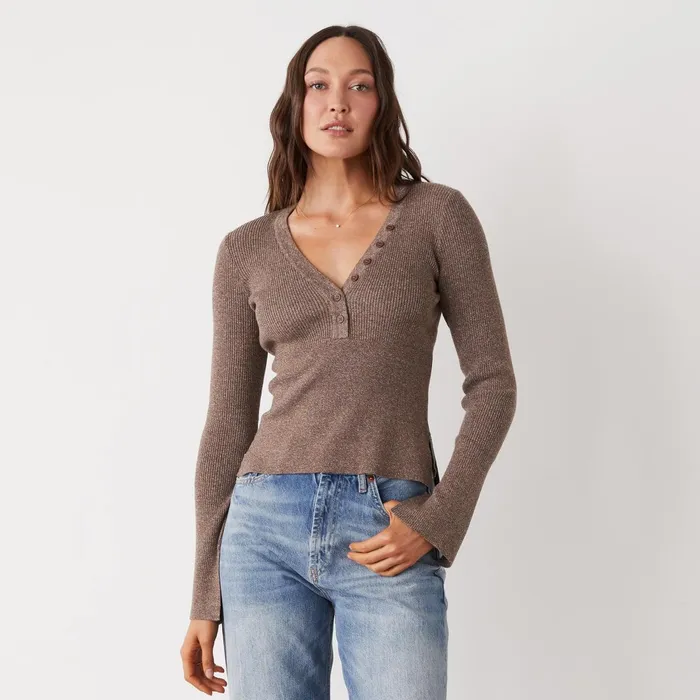 Women Long Sleeve MONROW Rib Henley Sweater Cocoa