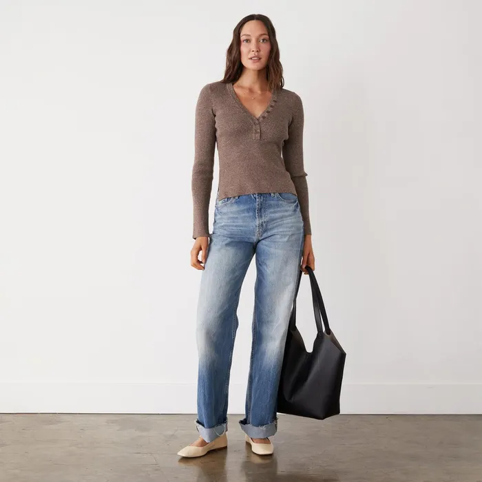 Women Long Sleeve MONROW Rib Henley Sweater Cocoa