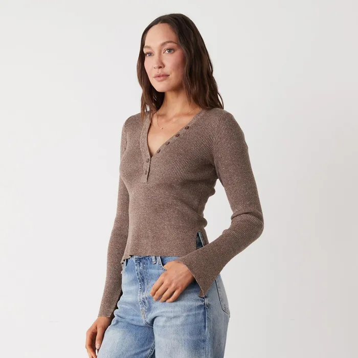 Women Long Sleeve MONROW Rib Henley Sweater Cocoa