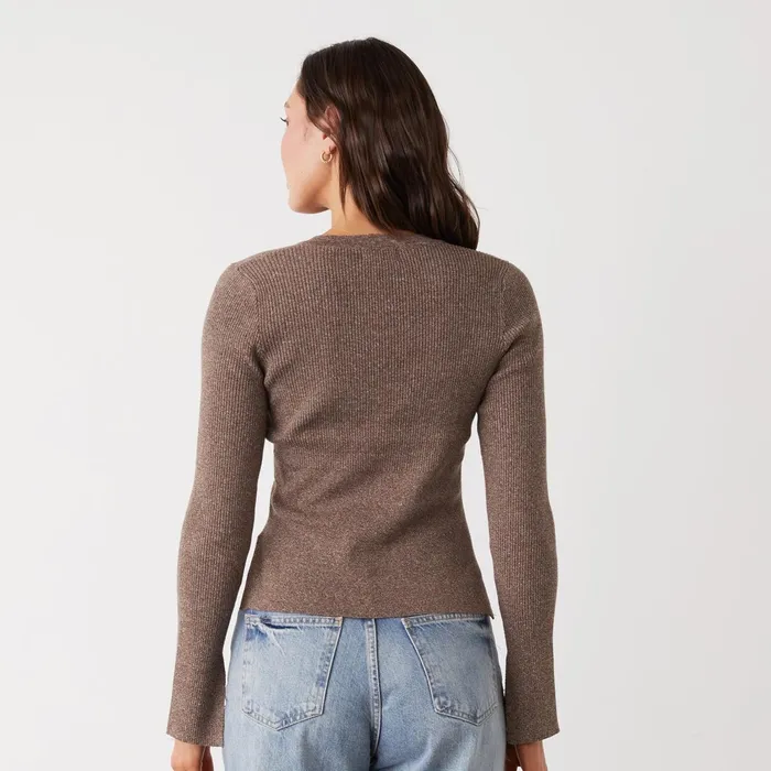 Women Long Sleeve MONROW Rib Henley Sweater Cocoa