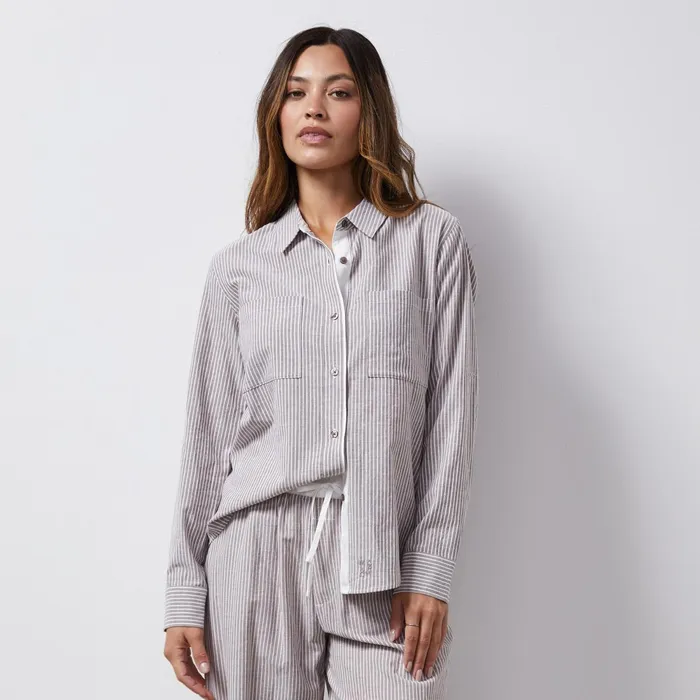 Women Long Sleeve MONROW Stripe Poplin Relaxed Shirt Pecan Stripe
