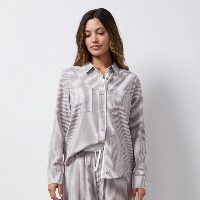 Women Long Sleeve MONROW Stripe Poplin Relaxed Shirt Pecan Stripe