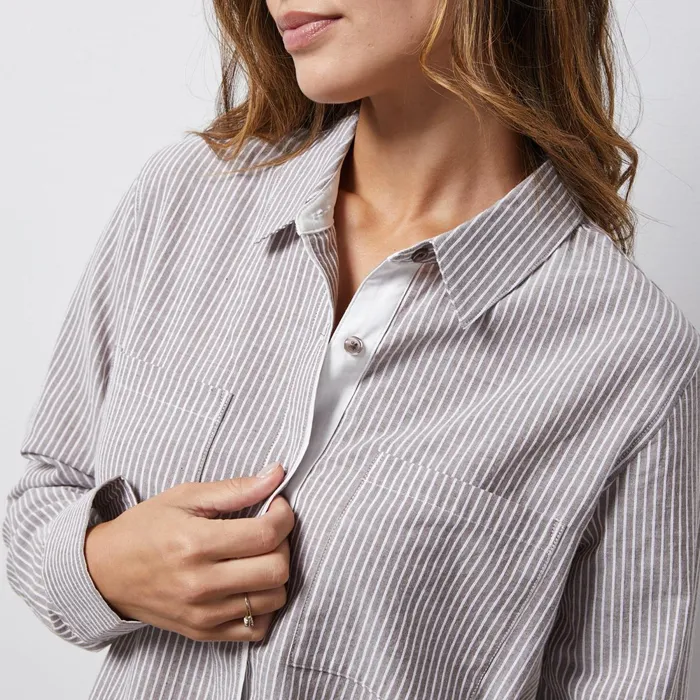 Women Long Sleeve MONROW Stripe Poplin Relaxed Shirt Pecan Stripe