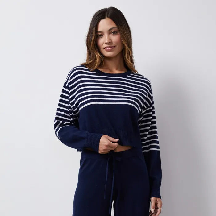 Women Long Sleeve MONROW Wool Cashmere Stripe Crew Neck Sweater Navyivory