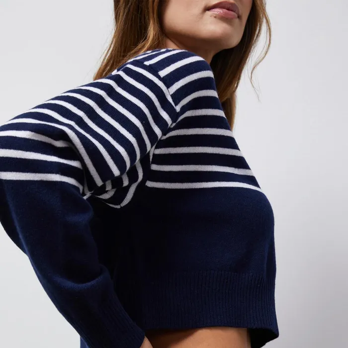 Women Long Sleeve MONROW Wool Cashmere Stripe Crew Neck Sweater Navyivory Women Long Sleeve MONROW Wool Cashmere Stripe Crew Neck Sweater Navyivory