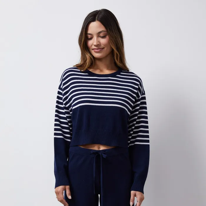 Women Long Sleeve MONROW Wool Cashmere Stripe Crew Neck Sweater Navyivory Women Long Sleeve MONROW Wool Cashmere Stripe Crew Neck Sweater Navyivory