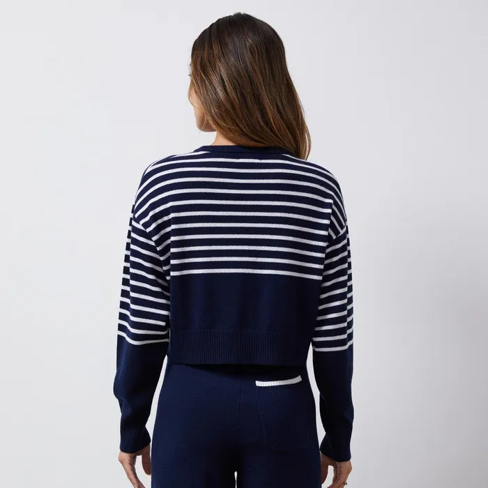 Women Long Sleeve MONROW Wool Cashmere Stripe Crew Neck Sweater Navyivory Women Long Sleeve MONROW Wool Cashmere Stripe Crew Neck Sweater Navyivory
