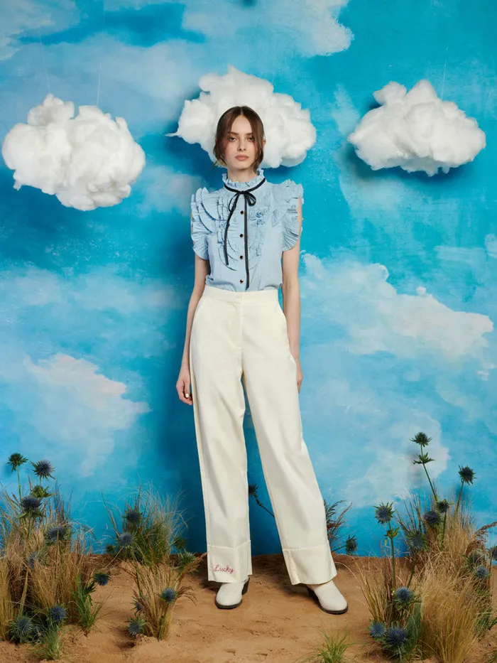 Women Lucky Embroidered Trousers Pearled Ivory Sister Jane Bottoms