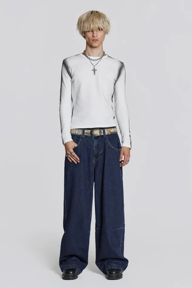 WomenMen Jaded London Colossus Jeans Indigo Low Rise Colossus Baggy Jeans