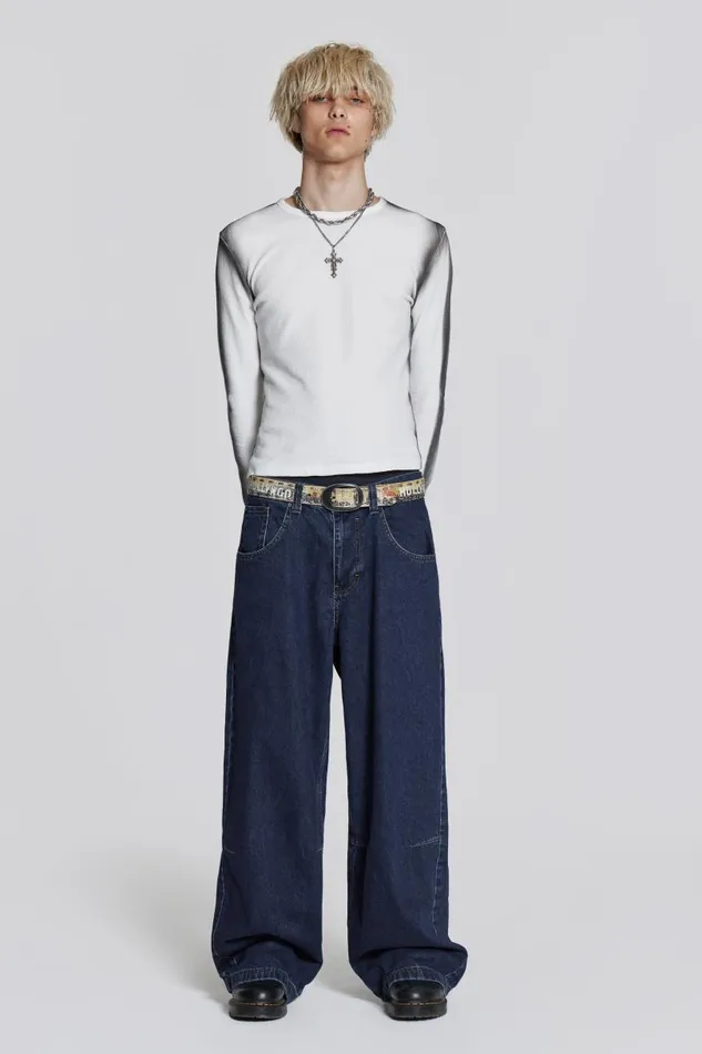 WomenMen Jaded London Colossus Jeans Indigo Low Rise Colossus Baggy Jeans