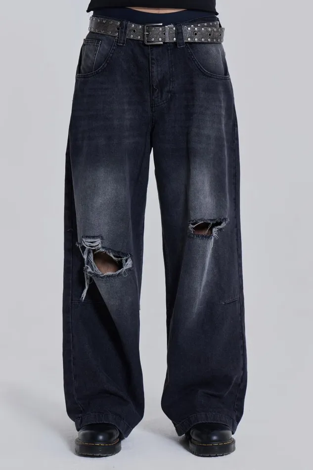 WomenMen Jaded London Colossus Jeans Washed Black Busted Colossus Baggy Jeans