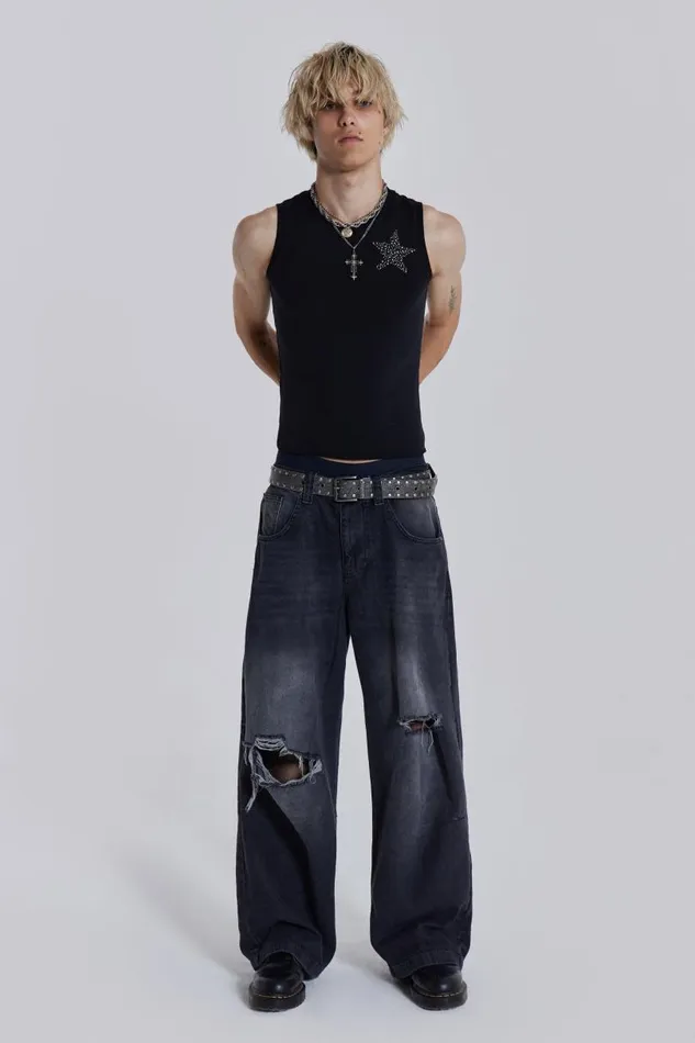 WomenMen Jaded London Colossus Jeans Washed Black Busted Colossus Baggy Jeans