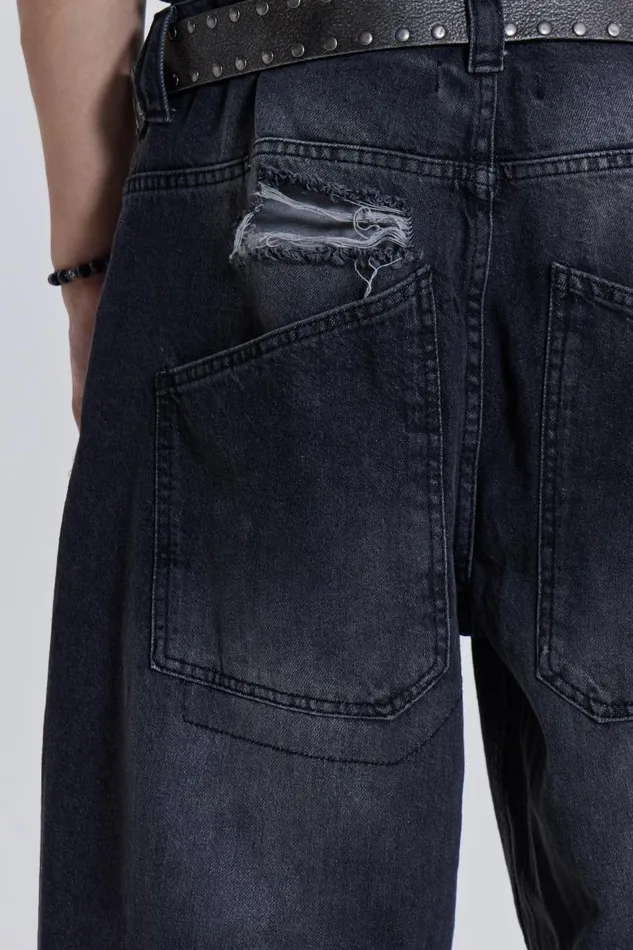 WomenMen Jaded London Colossus Jeans Washed Black Busted Colossus Baggy Jeans