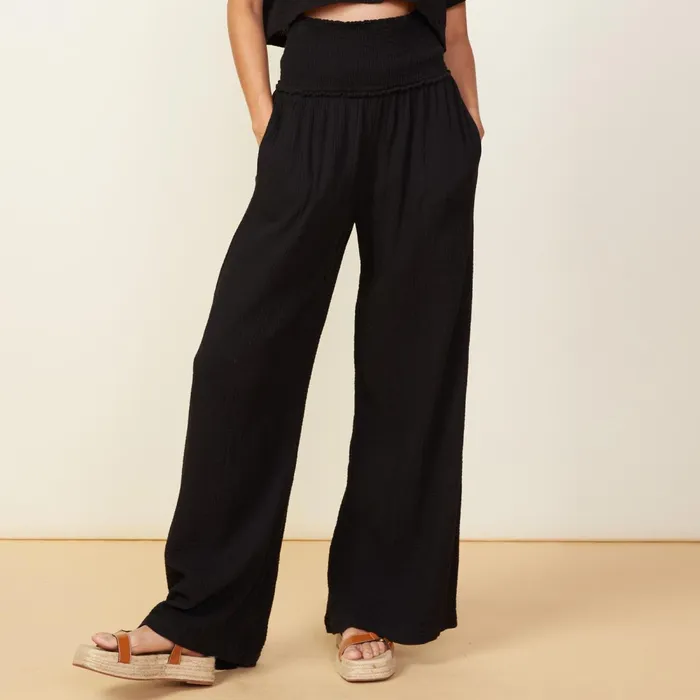 Women Pants MONROW Gauze Smocked Flare Pant Black