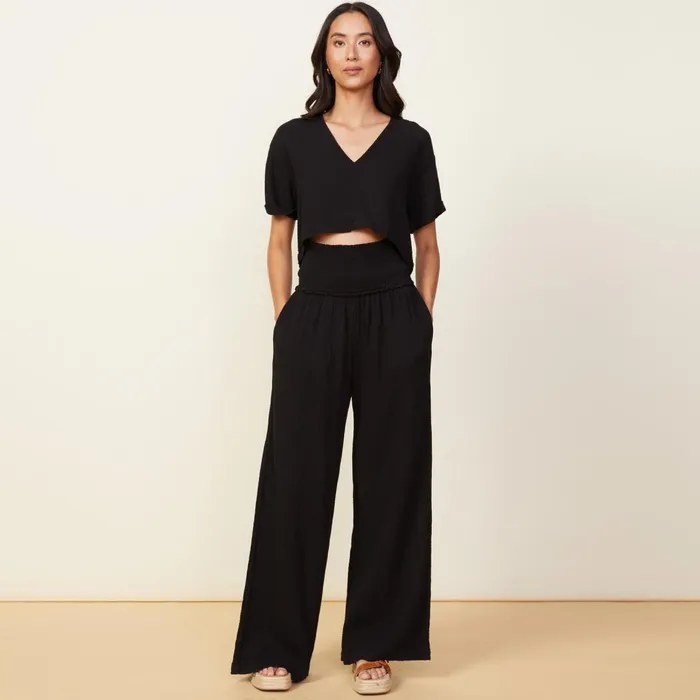 Women Pants MONROW Gauze Smocked Flare Pant Black