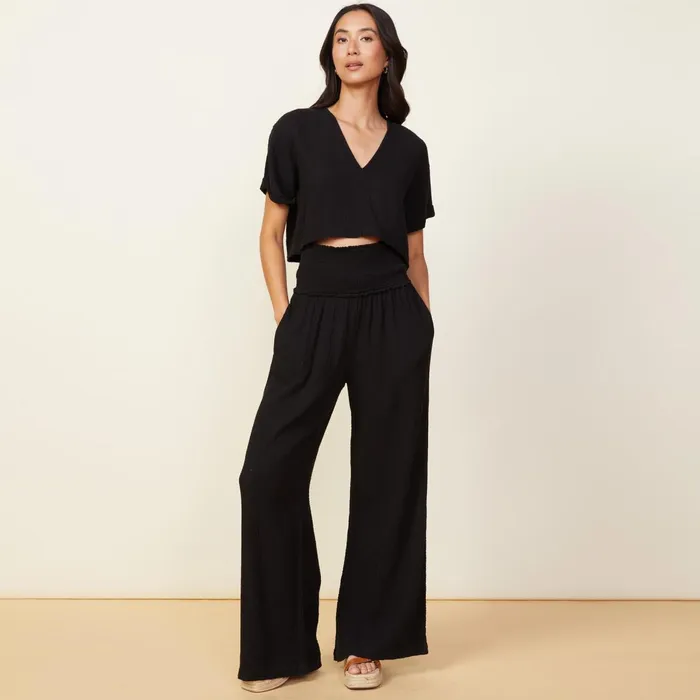 Women Pants MONROW Gauze Smocked Flare Pant Black