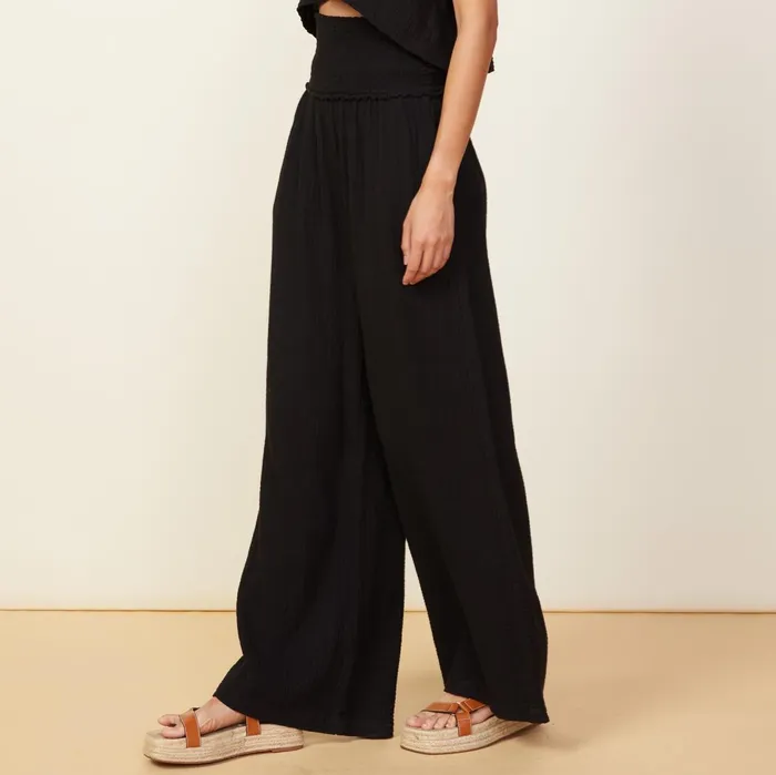 Women Pants MONROW Gauze Smocked Flare Pant Black