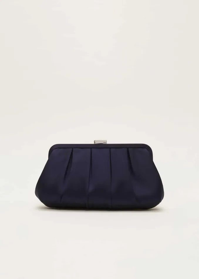 Women Phase Eight Bags and Clutches Navy Satin Pleated Clutch Bag French Navy