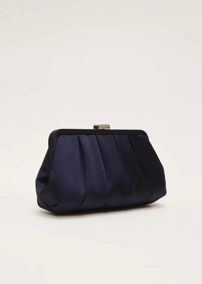 Women Phase Eight Bags and Clutches Navy Satin Pleated Clutch Bag French Navy