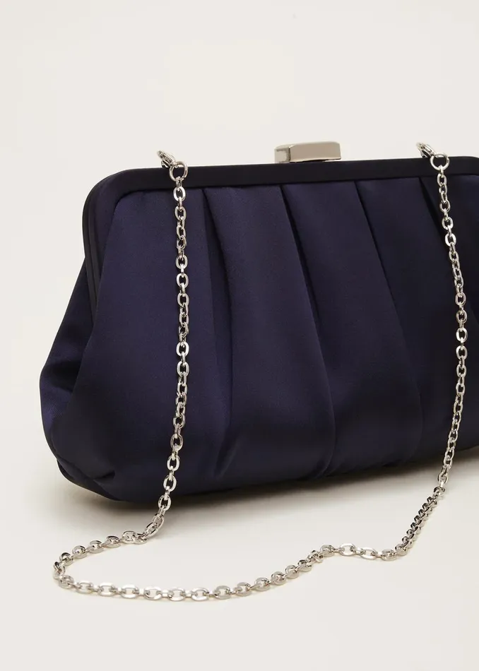 Women Phase Eight Bags and Clutches Navy Satin Pleated Clutch Bag French Navy