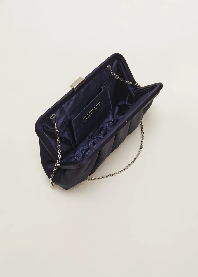 Women Phase Eight Bags and Clutches Navy Satin Pleated Clutch Bag French Navy